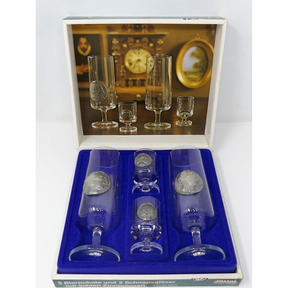 Zinnmünsen Herren Set ~ 2 Beer Cups and 2 Shot Gasses with Pewter Coins - Picture 1 of 10